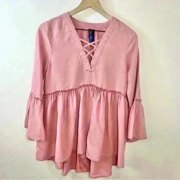 Blue Rain Tops - Blue Rain Pink Peplum Bell Sleeve Blouse with Crisscross Neckline Size Small